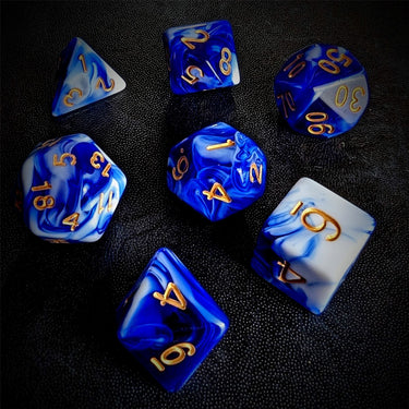 Blend of White & Royal Blue Acrylic - 7pcs RPG Full Dice Set Scatter